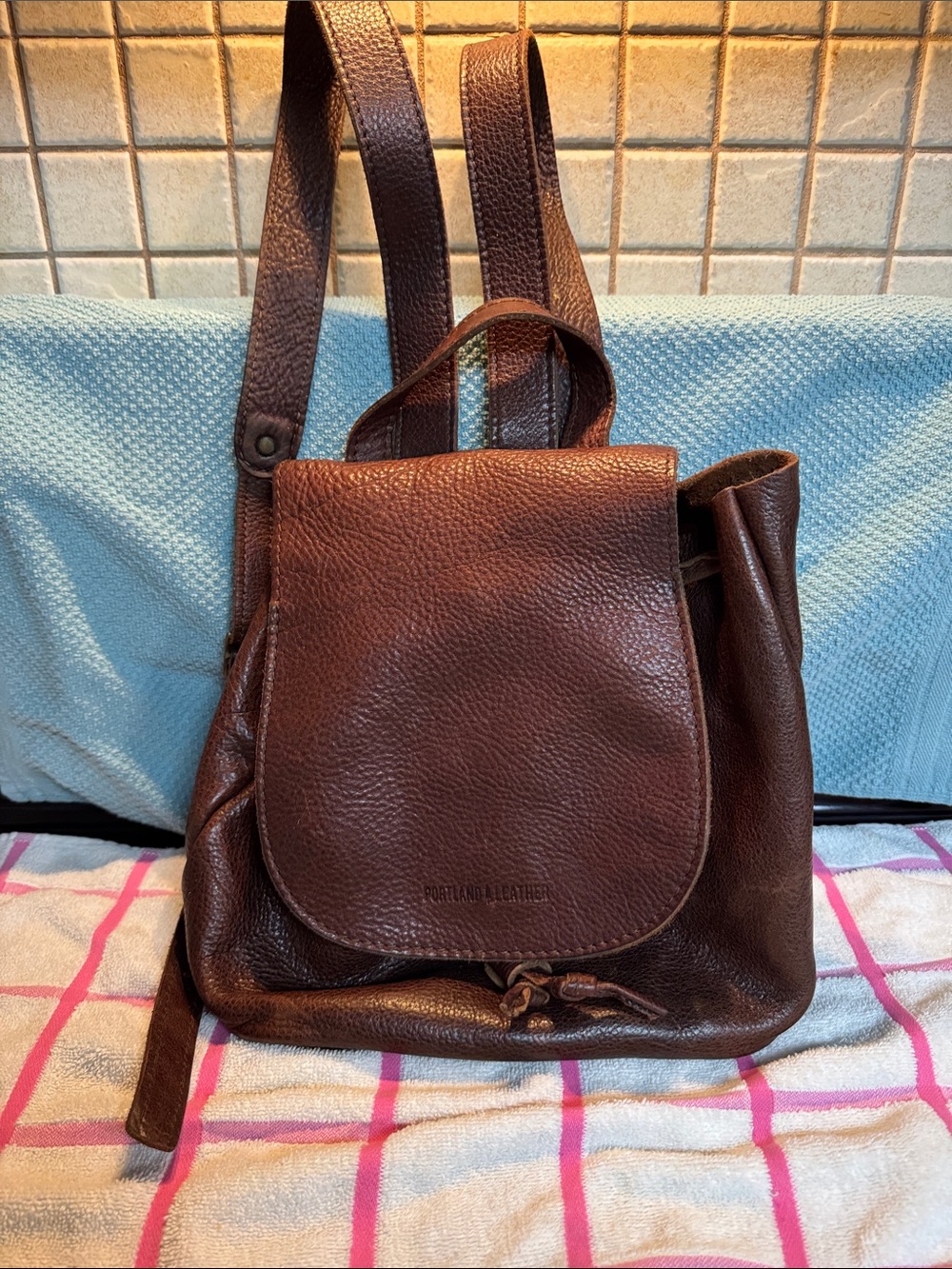 Portland Leathers Goods Bucket Backpack Brown Full Grain Leather Drawstring Bag